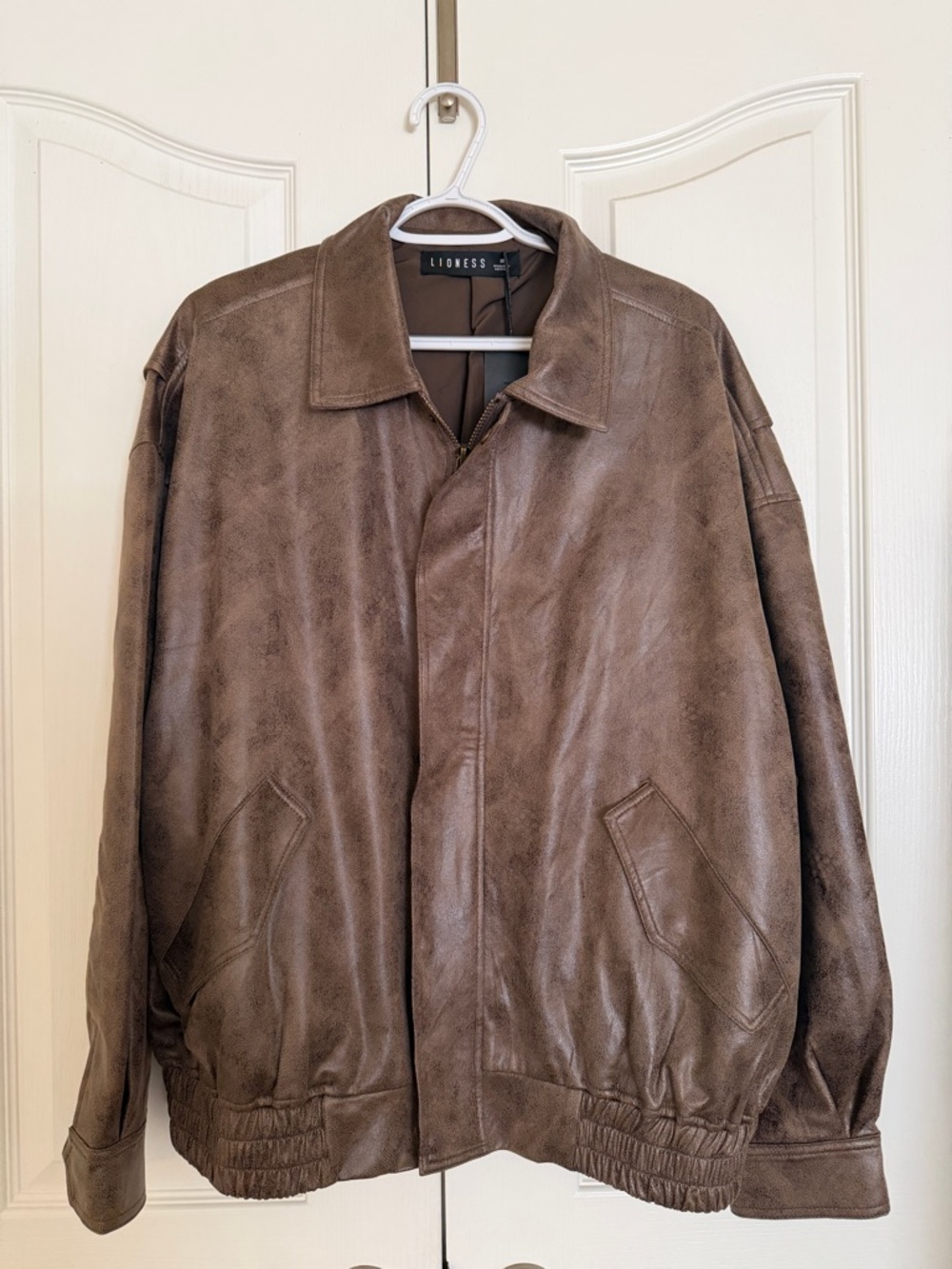 Lioness Kenny Bomber Jacket Chocolate Brown Faux Leather Oversized M NWT